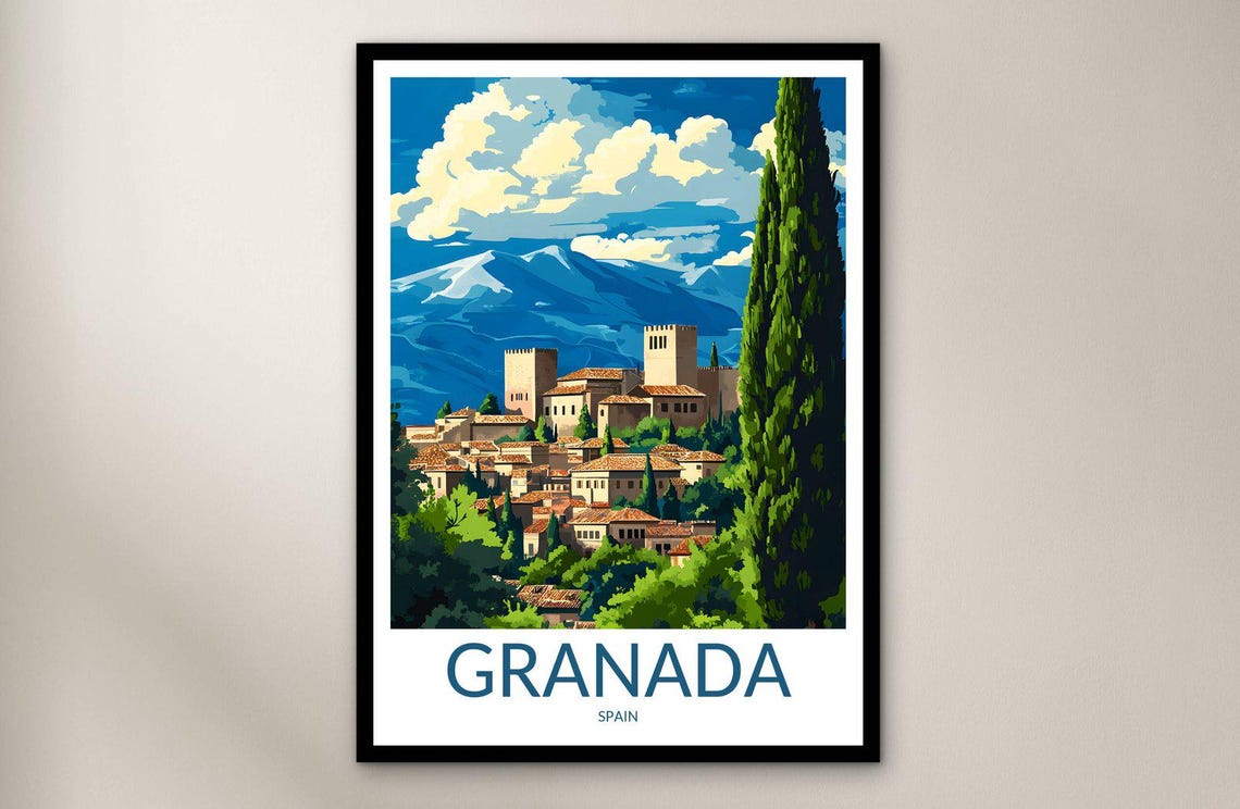 Granada Spain Alhambra Fortress Sierra Nevada Vintage Travel Poster