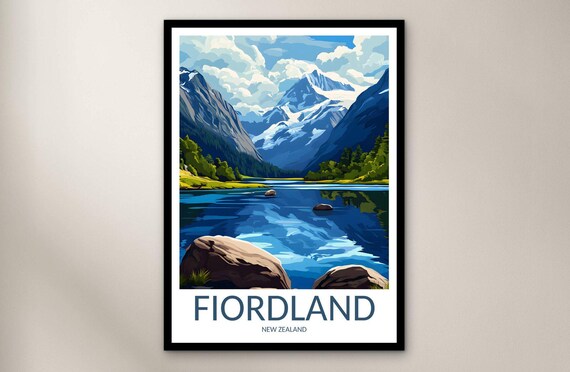 Fiordland New Zealand Snowy Peak Lake Reflection Travel Poster