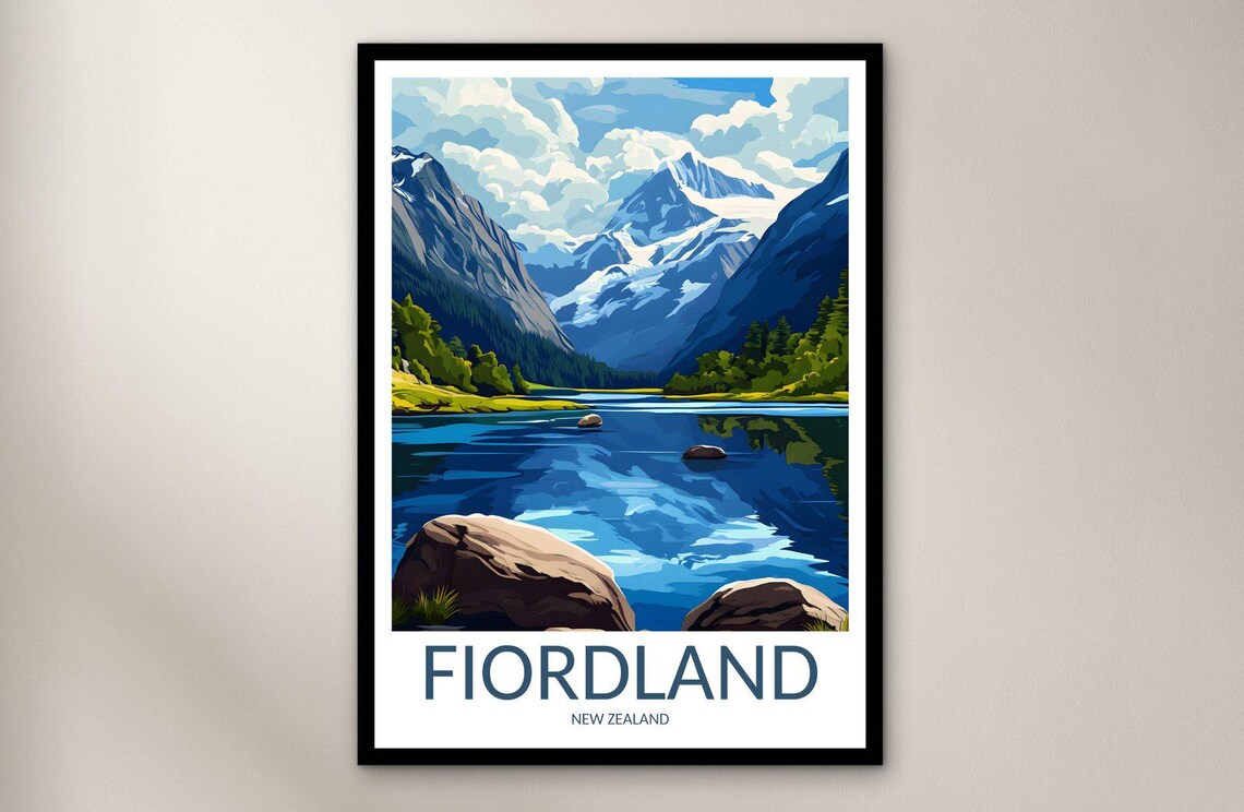 Fiordland New Zealand Snowy Peak Lake Reflection Travel Poster