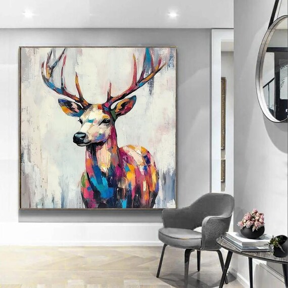 Majestic Stag Portrait With Rainbow Colored Antlers Square Wall Art