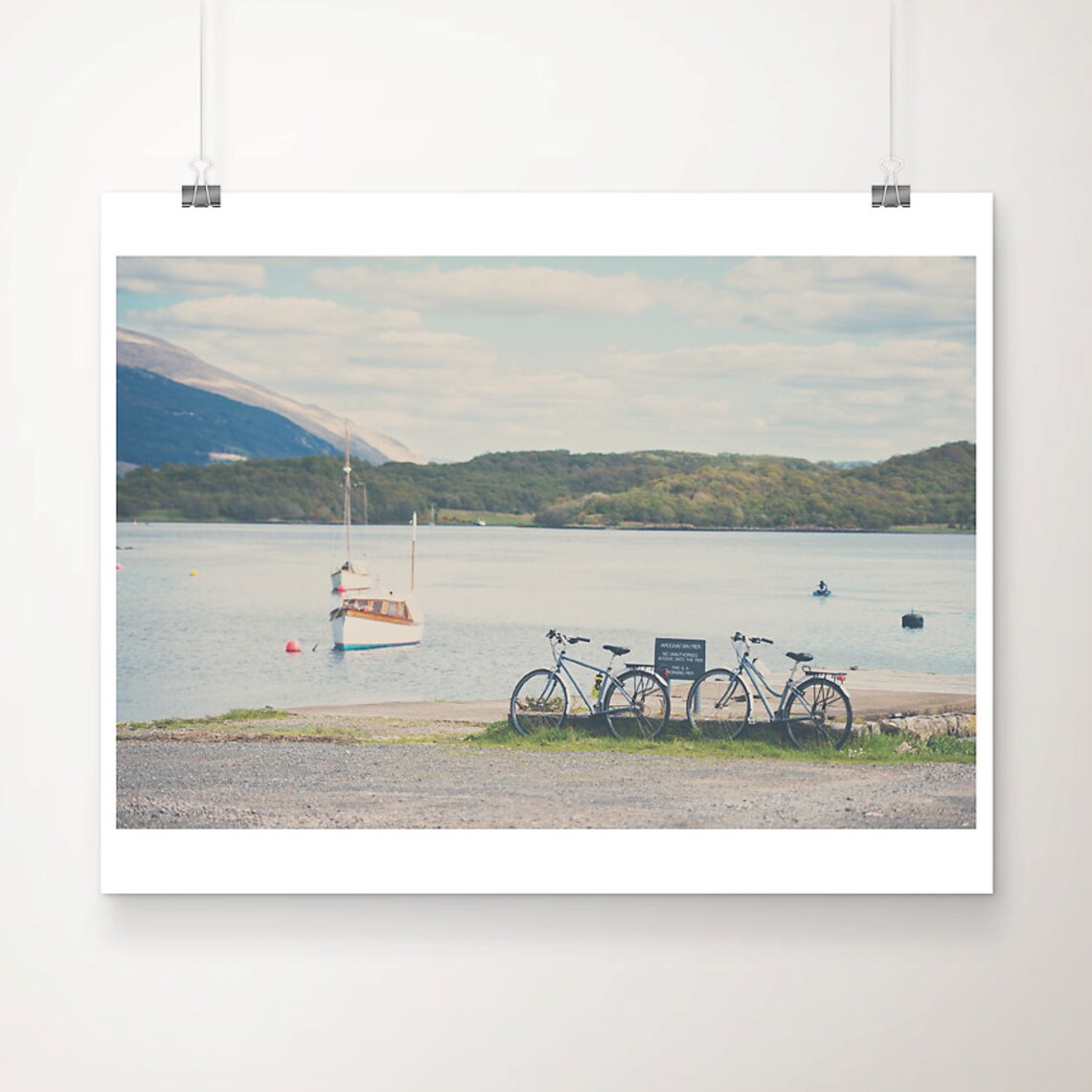 Scottish Loch Sailboats Bicycles Calm Lakeside Photography Poster