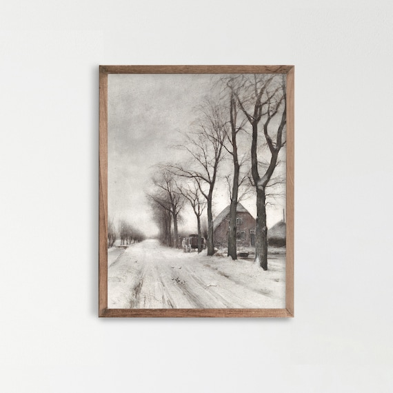 Vintage Quiet Snowy Tree Lined Winter Road Painting Art Poster