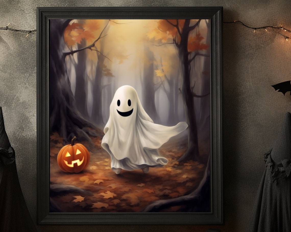 Smiling Ghost With A Jack O Lantern In A Misty Autumn Forest Poster