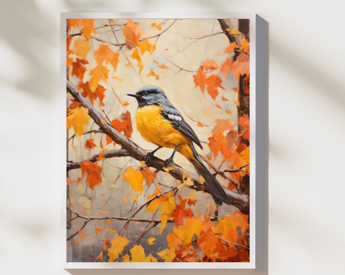Yellow Breasted Songbird On Branch Autumn Leaves Wildlife Art Poster