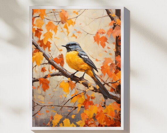 Yellow Breasted Songbird On Branch Autumn Leaves Wildlife Art Poster