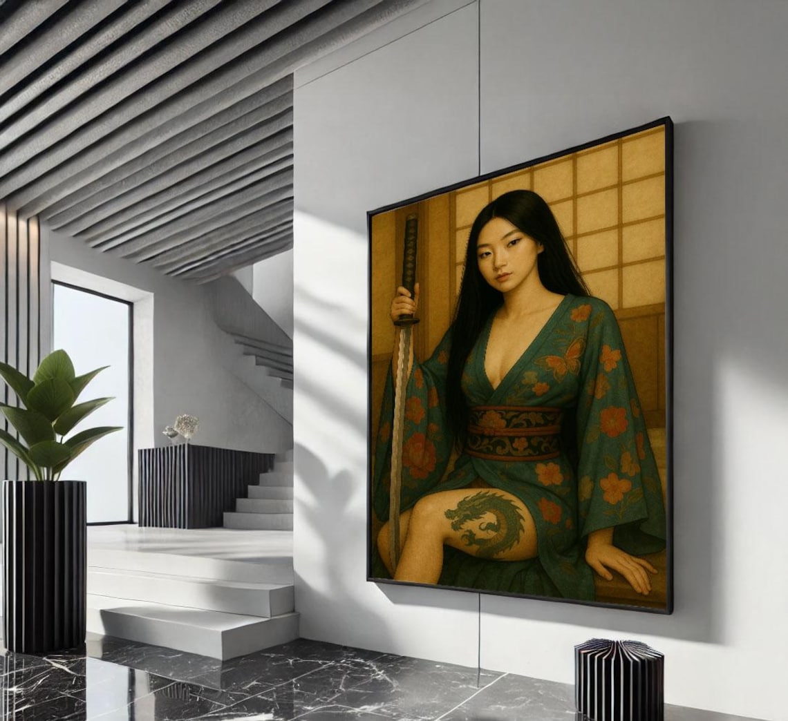 Japanese Woman In Green Kimono With Katana Dragon Tattoo Poster
