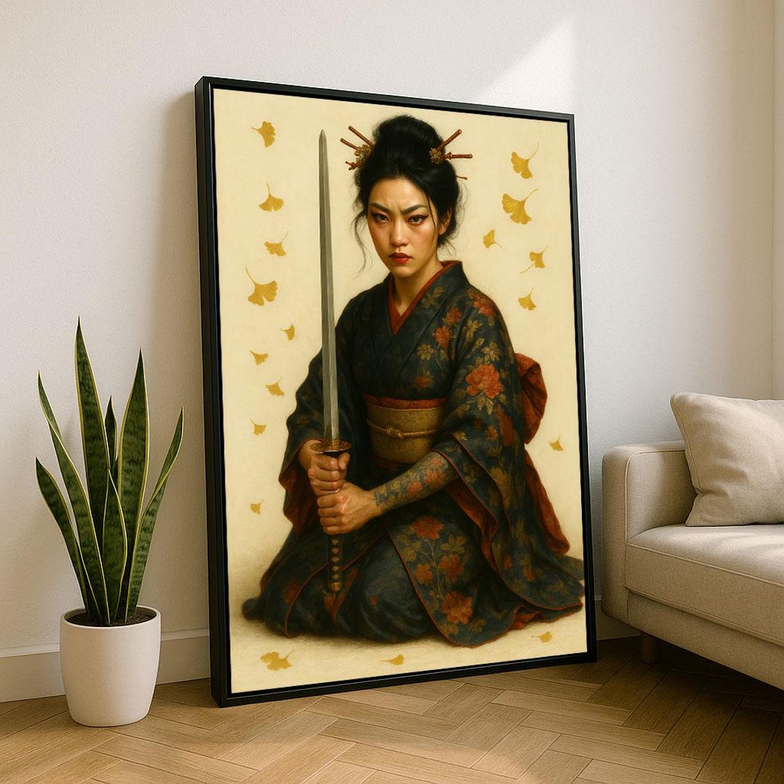 Samurai Woman Kimono Katana Ginkgo Leaves Traditional Oriental Poster