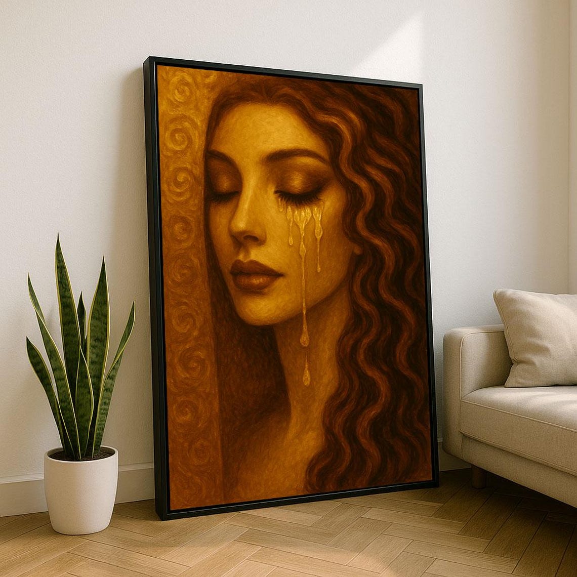 Golden Tears Crying Woman Amber Portrait Emotional Art Poster