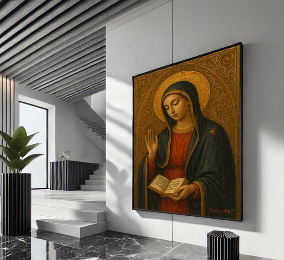Virgin Mary Byzantine Icon Style With Gold Halo Religious Poster