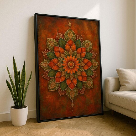 Intricate Orange and Green Mandala Bohemian Floral Decor Poster