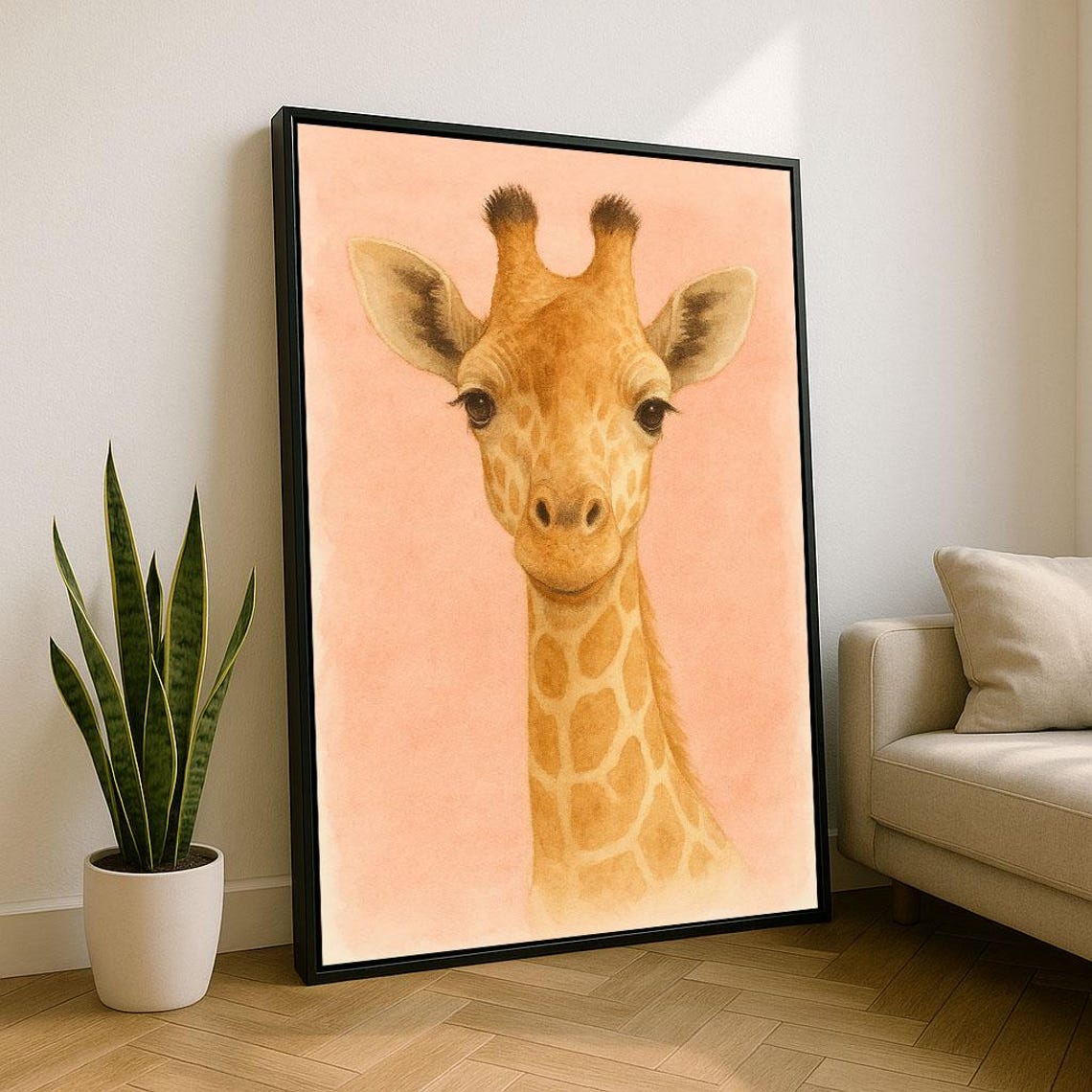 Giraffe Portrait Pastel Pink Background Sweet Nursery Wall Art