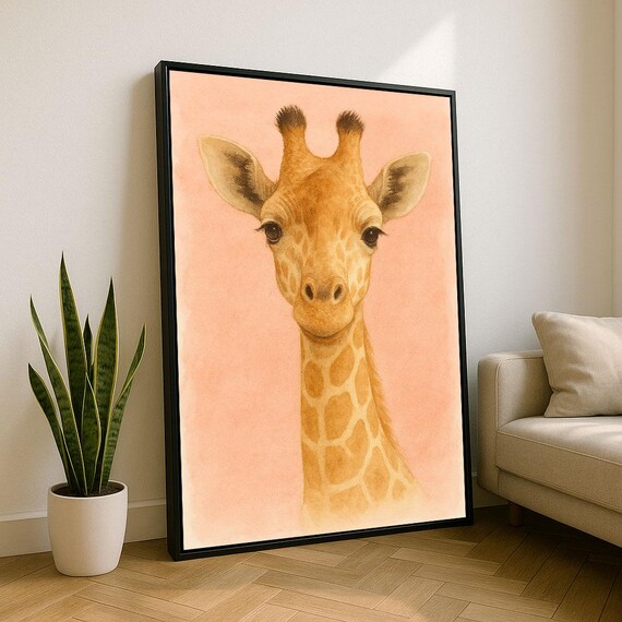 Giraffe Portrait Pastel Pink Background Sweet Nursery Wall Art