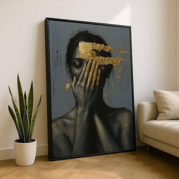 Dark Abstract Woman With Gold Leaf Hand Over Face Art Poster