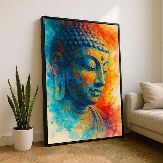 Vibrant Buddha Face Watercolor Blue Orange Meditation Art Poster