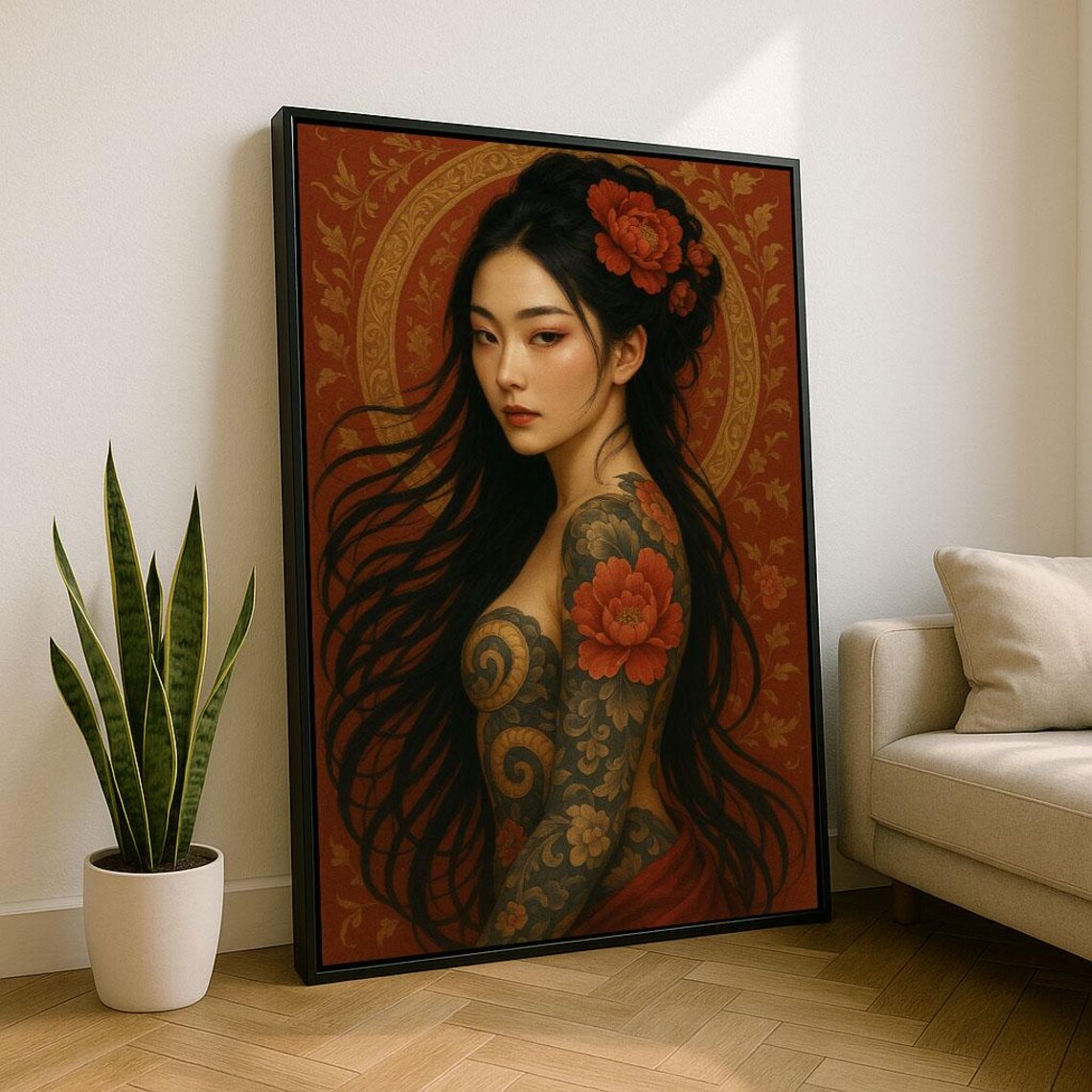 Elegant Japanese Woman With Peony Sleeve Tattoo Red Wall Art