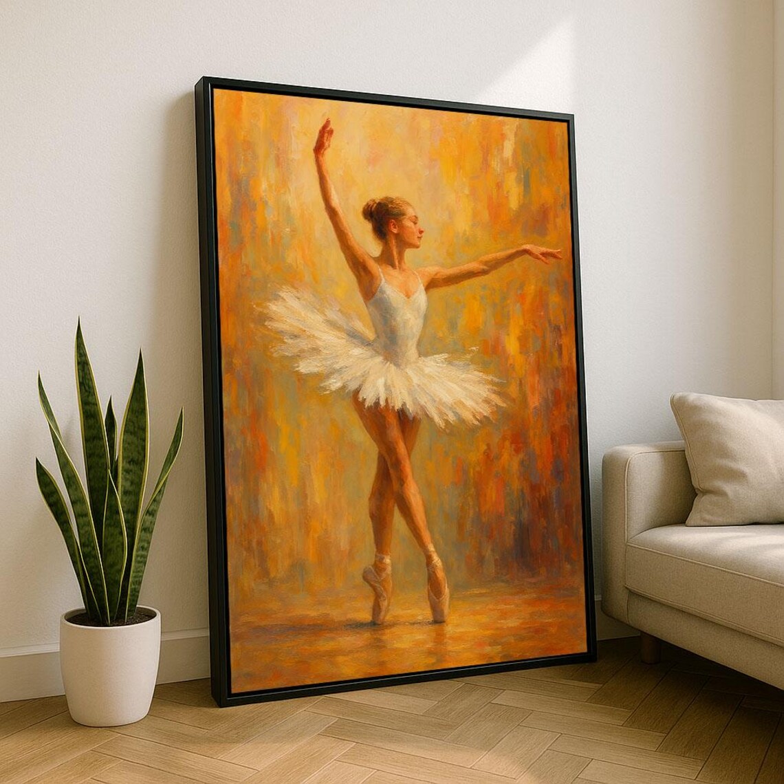 Ballerina White Tutu Golden Oil Painting Graceful Dance Print