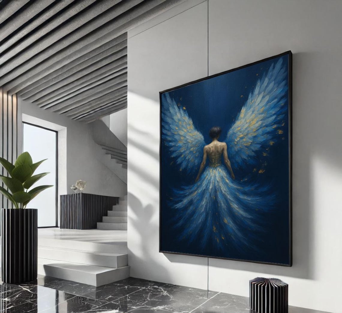 Ethereal Angel Woman With Blue Feathered Wings Midnight Fantasy Poster