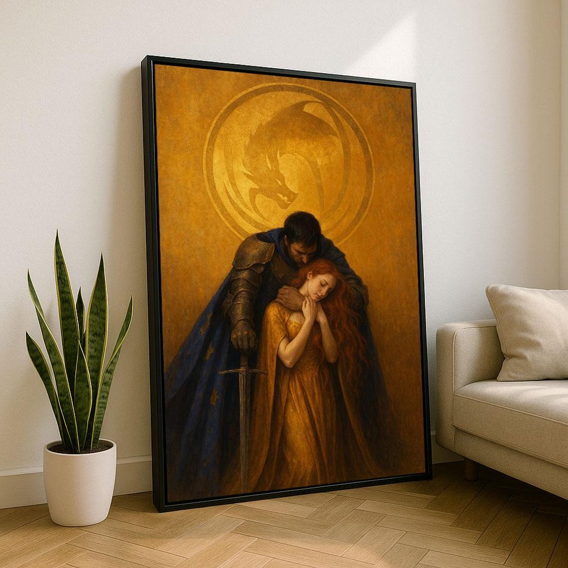 Romantic Medieval Knight Embrace Golden Dragon Emblem Poster