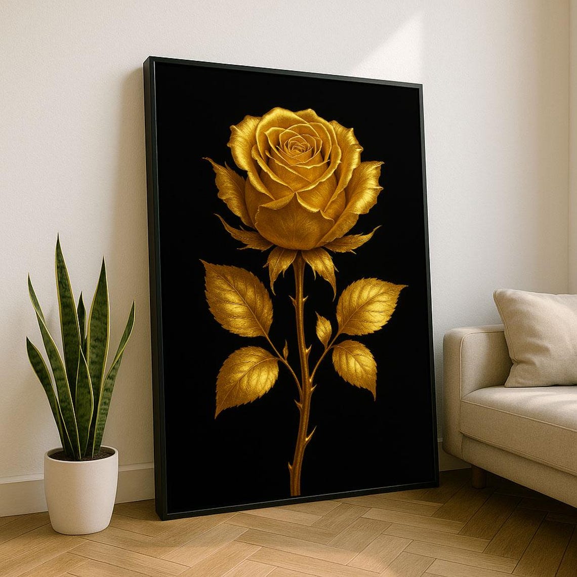 Golden Rose Bloom on Black Background Luxury Floral Art Poster