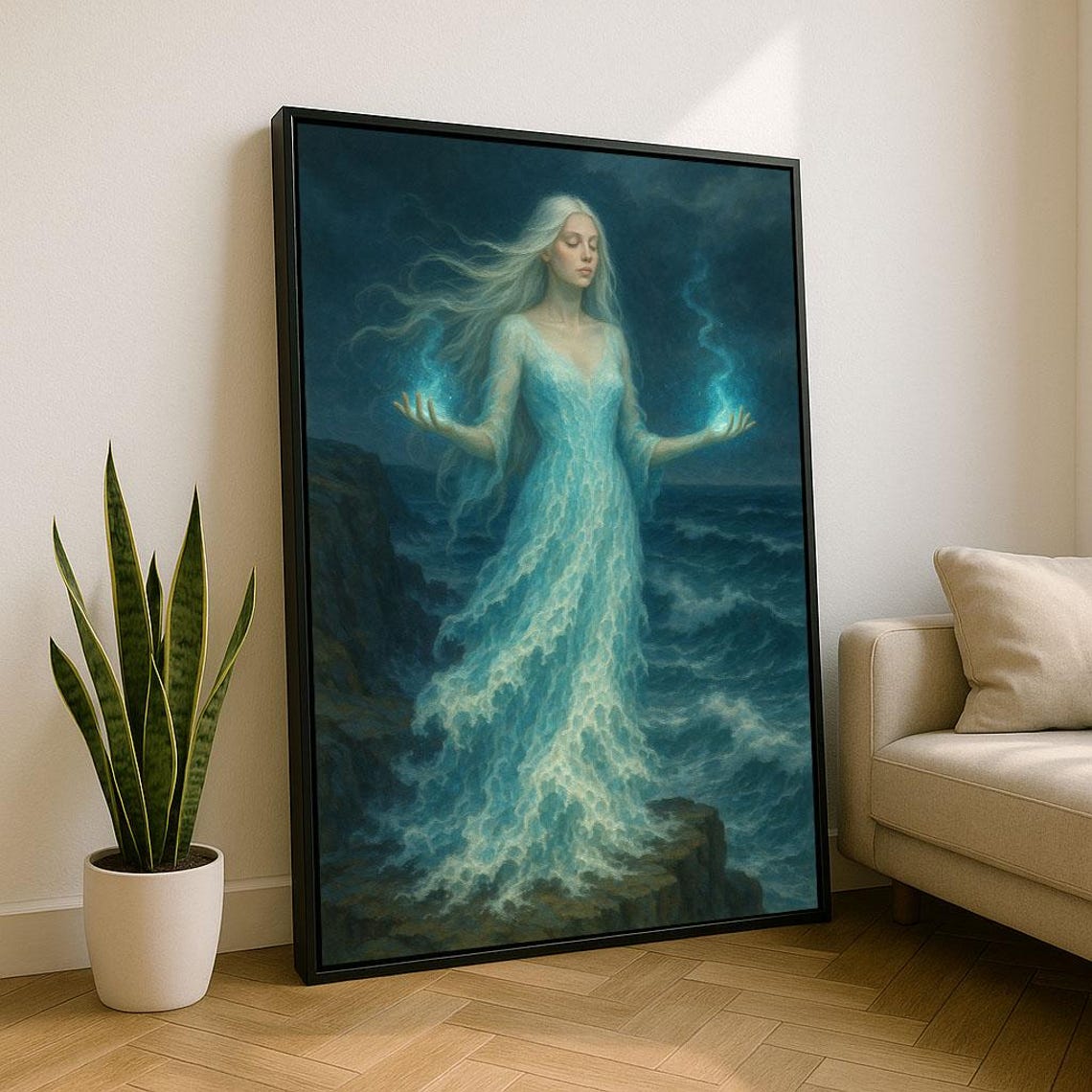 Ethereal Ocean Goddess Emerging from Dark Stormy Sea Art Poster