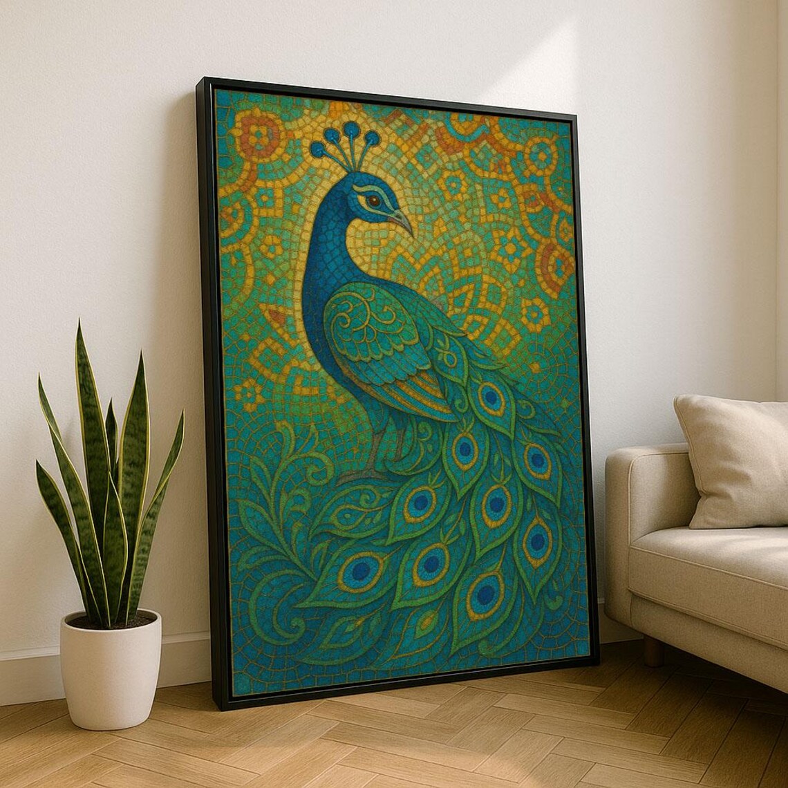 Elegant Majestic Peacock In Teal And Gold Mosaic Boho Art Poster