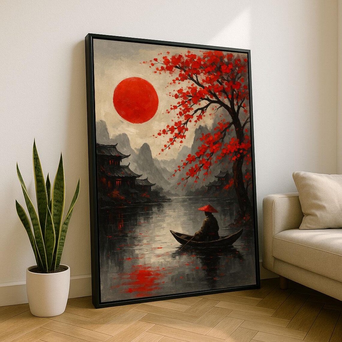 Serene Japanese Landscape Red Sun Pagoda Lake Boat Zen Poster