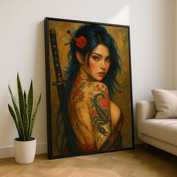 Japanese Tattooed Woman Canvas Wall Art Print Bold Bedroom Decor Statement Piece