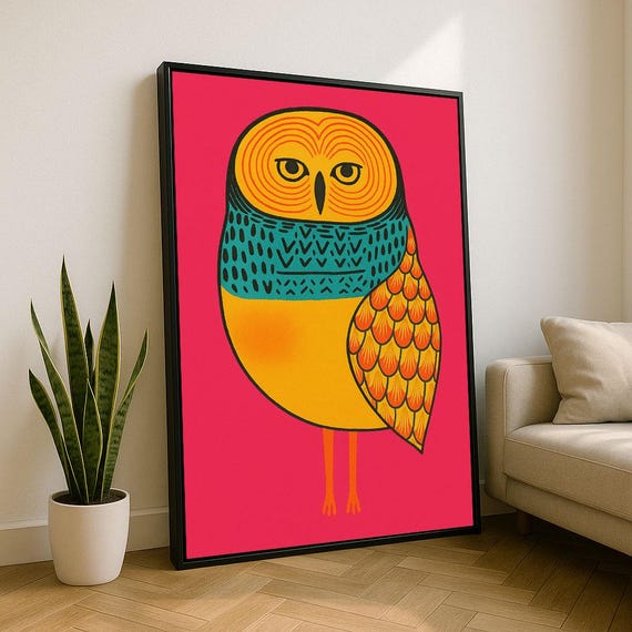 Vibrant Owl Illustration Canvas Wall Art Print Modern Living Room Decor Statement Piece