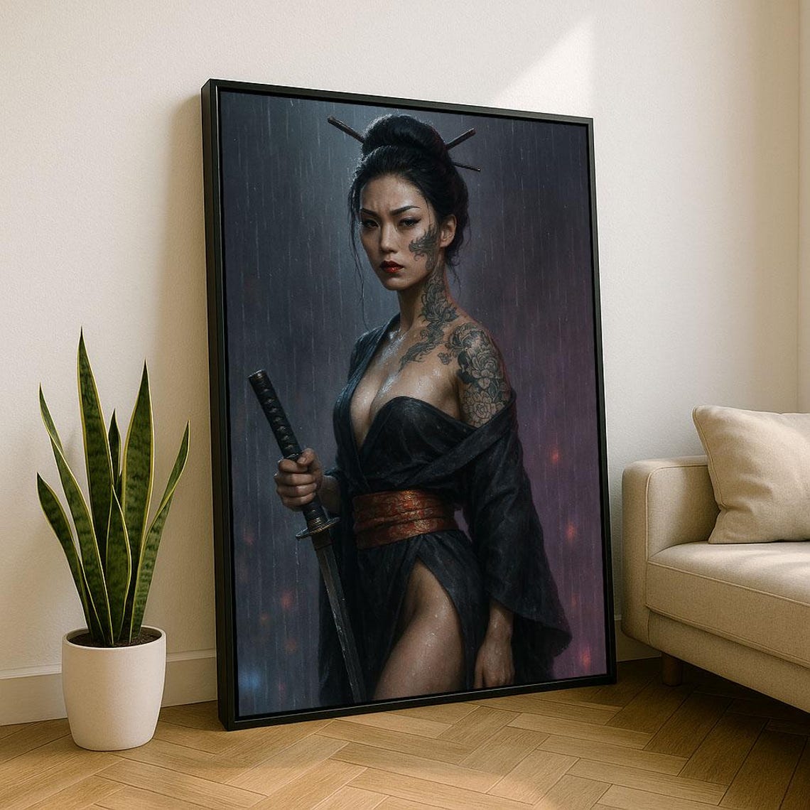 Samurai Woman Tattoo Dark Rain Night Katana Bold Warrior Poster