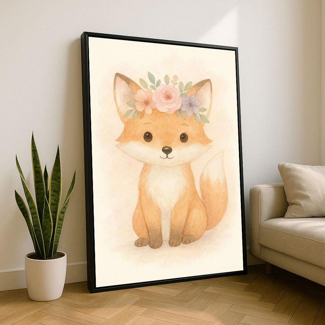 Adorable Baby Fox With Floral Crown Soft Pastel Nursery Art Poster
