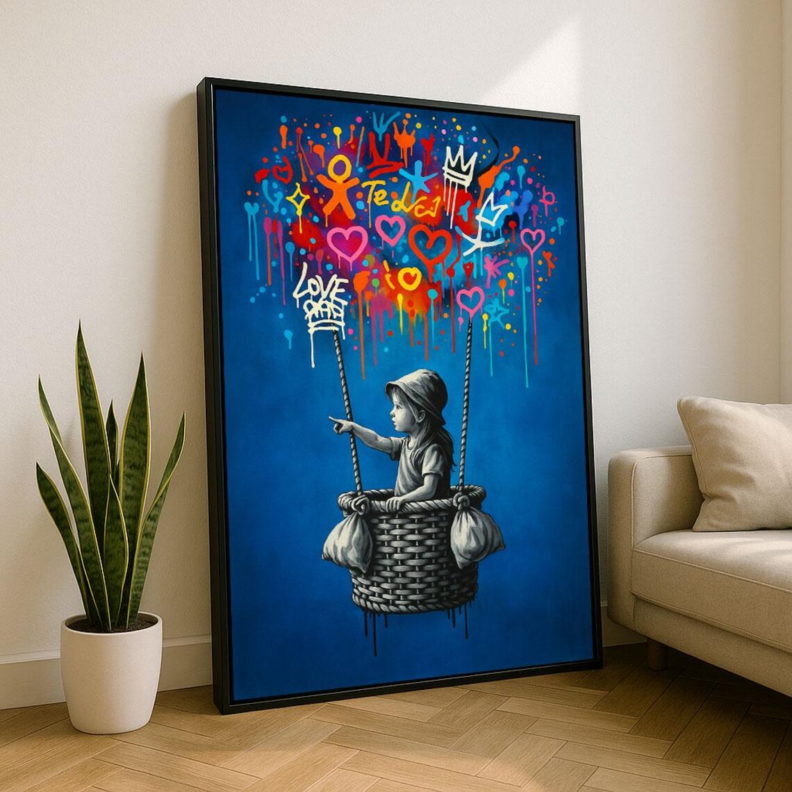 Child Balloon Ride Graffiti Hearts Love Dreamy Blue Street Art Poster