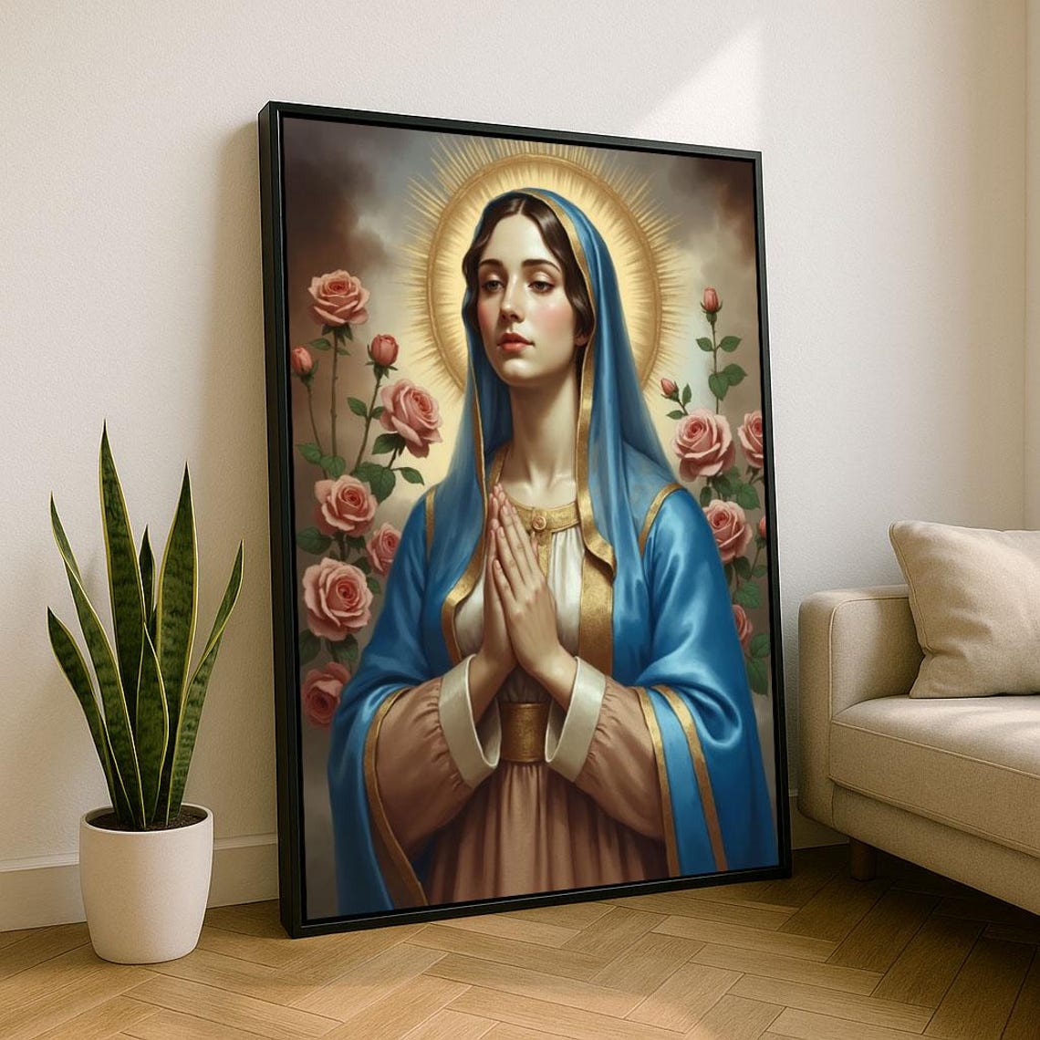 Radiant Virgin Mary Blue Mantle Golden Halo Religious Poster