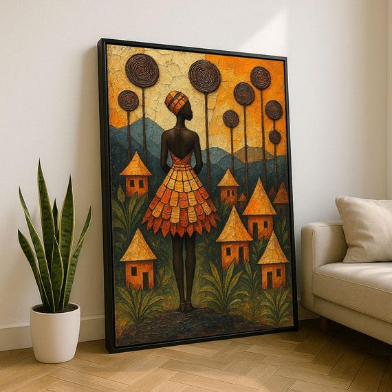Bold African Woman In Village Canvas Wall Art Print Warm Living Room Decor Statement Piece