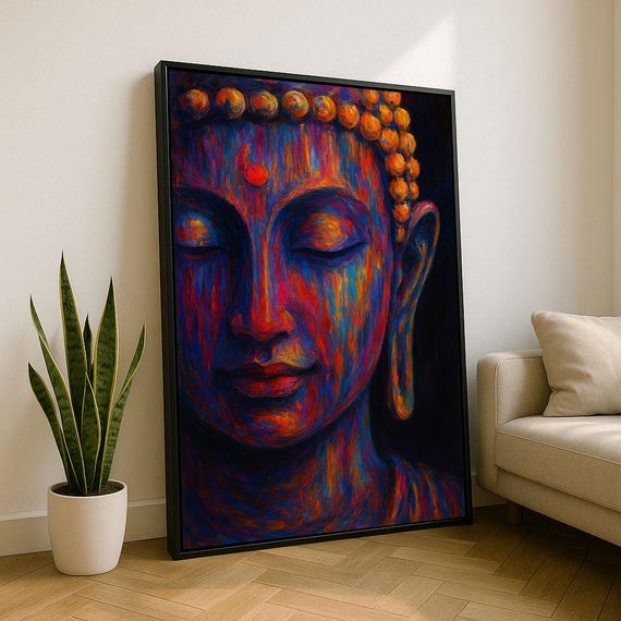 Tranquil Colorful Buddha Face Zen Meditation Abstract Art Poster