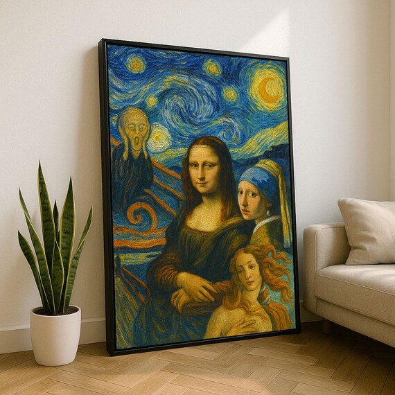 Famous Art Mashup Starry Night Mona Lisa Icons Classic Poster