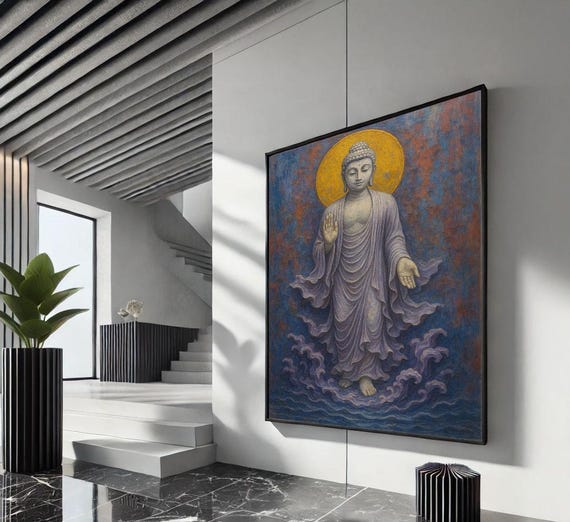 Standing Buddha On Lotus Water Golden Halo Tranquil Zen Buddhist Poster