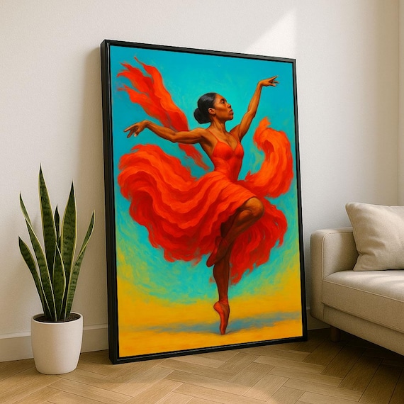 Graceful Dancer In Flowing Red Dress Turquoise Dance Art Poster