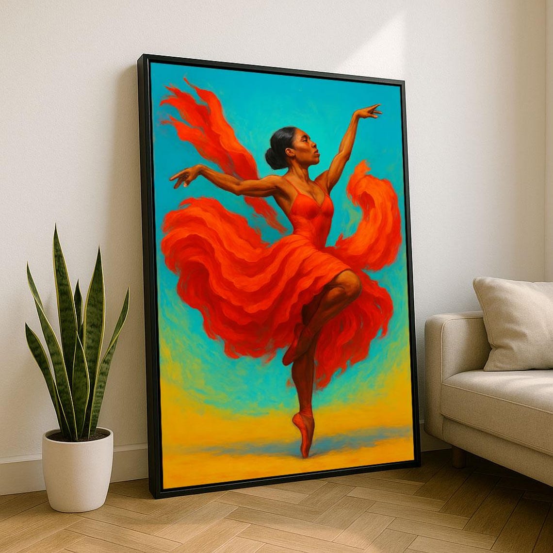 Graceful Dancer In Flowing Red Dress Turquoise Dance Art Poster