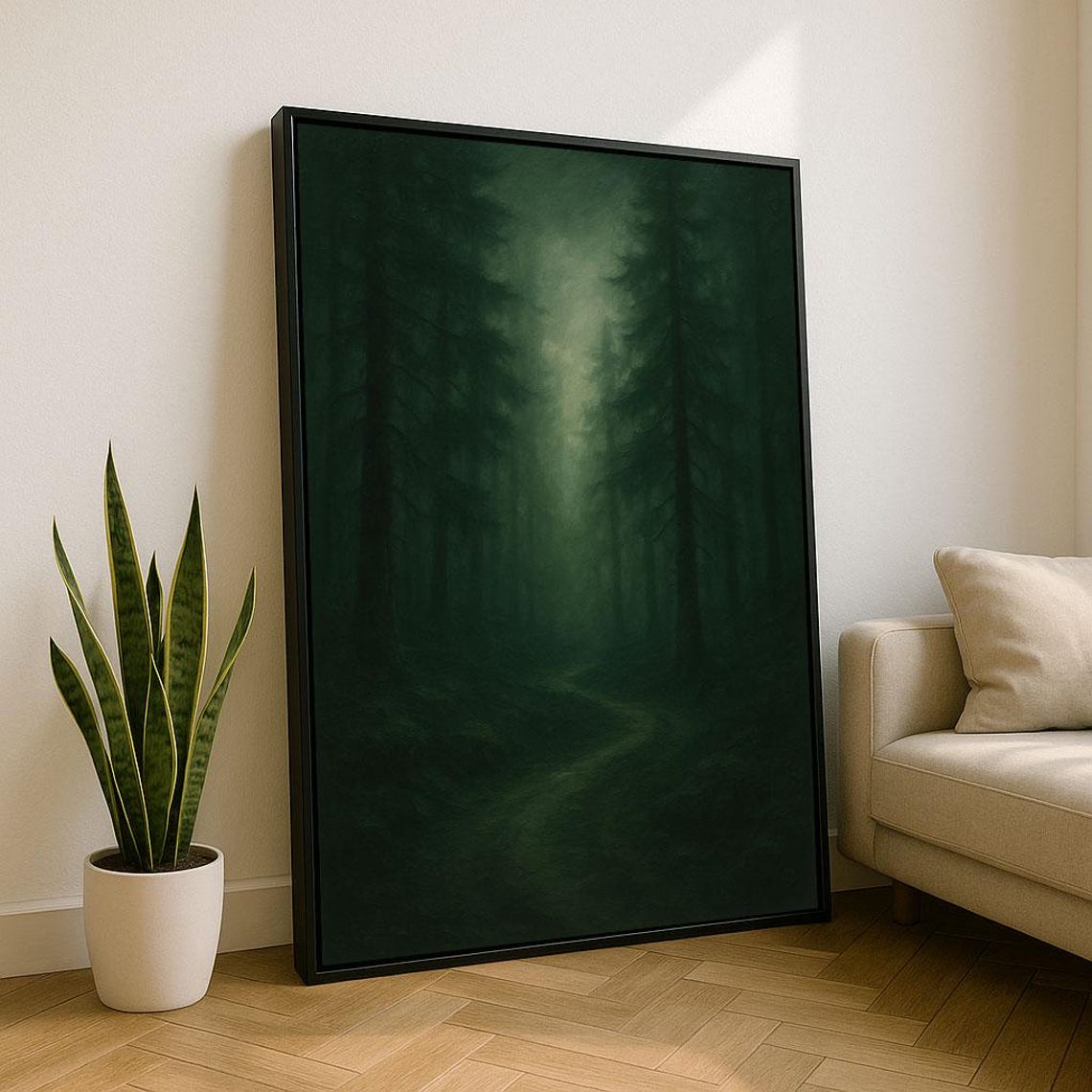 Misty Dark Forest Path Tall Pines Moody Deep Green Woods Poster