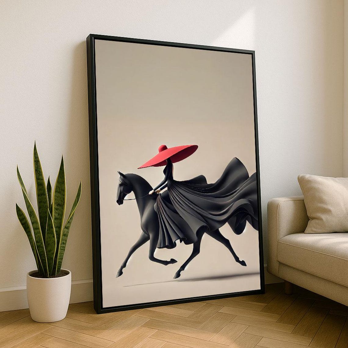 Elegant Woman In Red Hat Riding Black Horse Minimal Art Poster