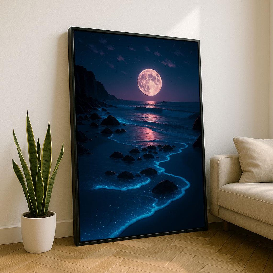 Moonlit Ocean Waves Under Full Moon Night Beach Landscape Print