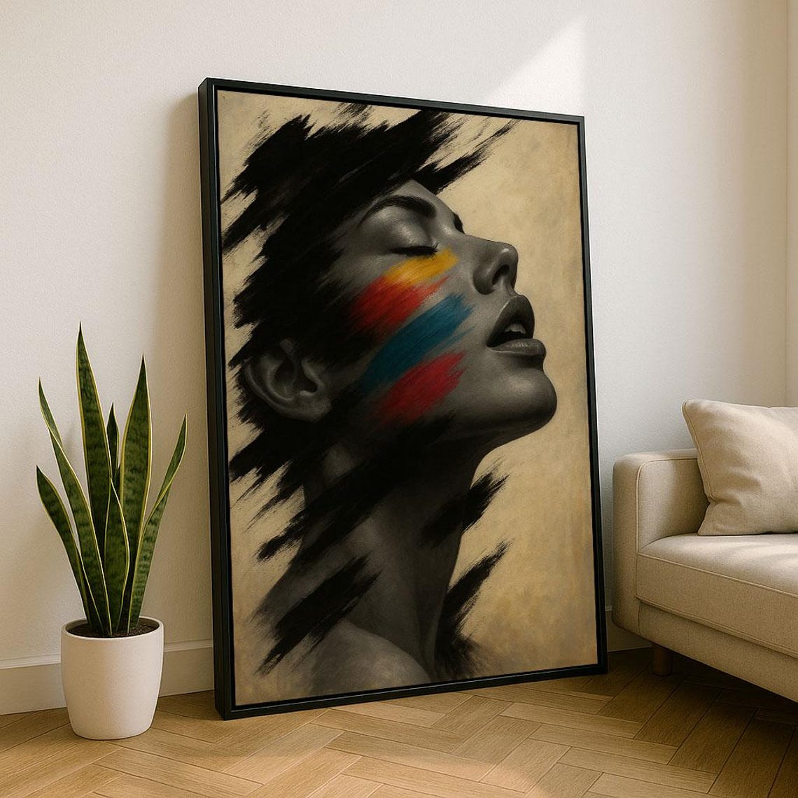Abstract Woman Face with Rainbow Paint Streaks Portrait Poster
