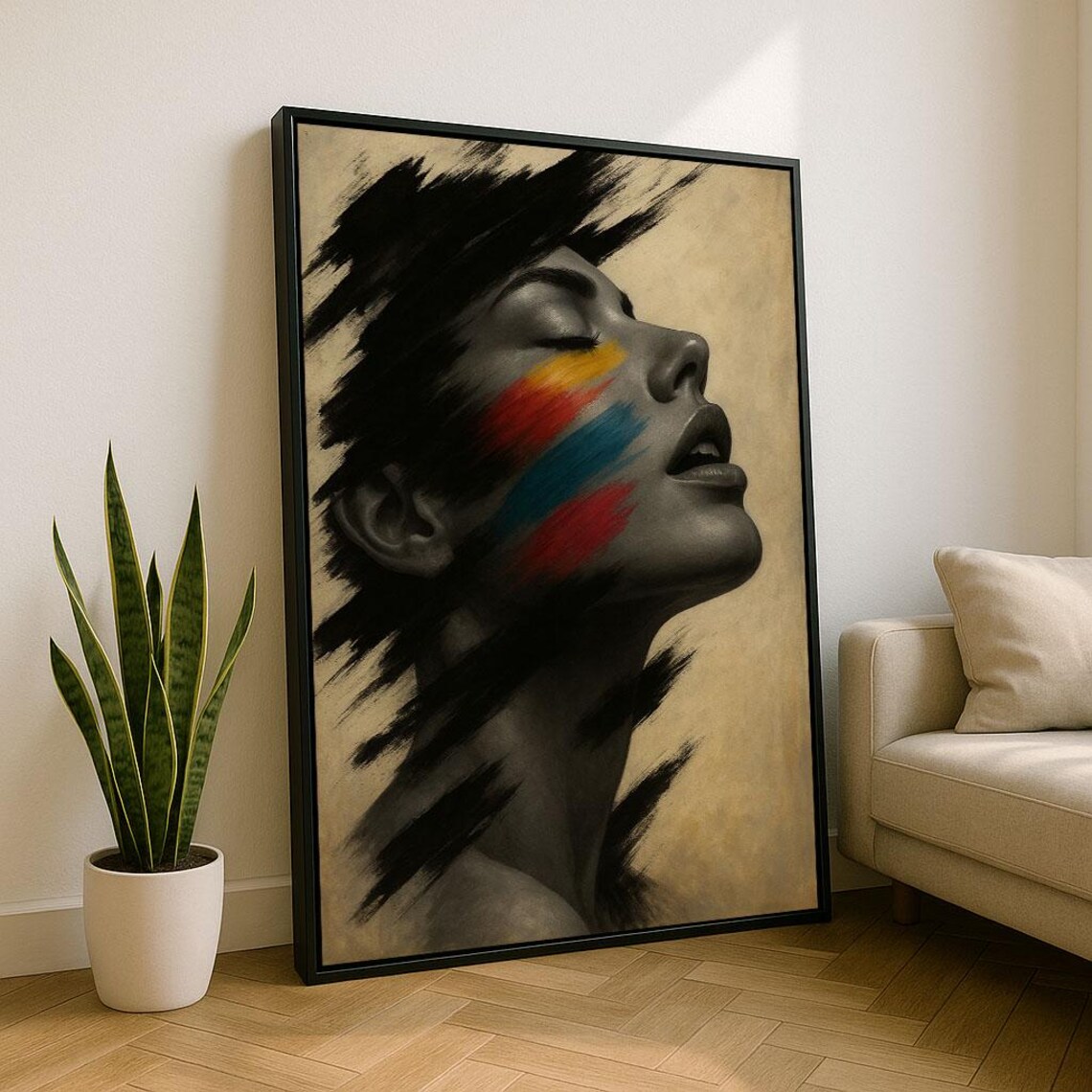 Elegant Abstract Woman Portrait Canvas Wall Art Print Colorful Bedroom Decor Statement Piece