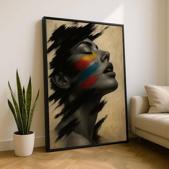 Abstract Woman Face with Rainbow Paint Streaks Portrait Poster