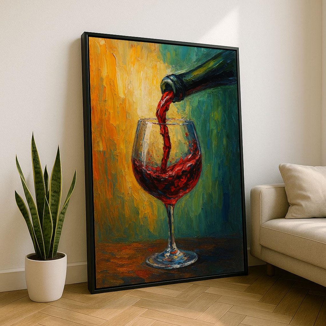 Bold Red Wine Pour Glass Bottle Impasto Kitchen Scene Art Poster