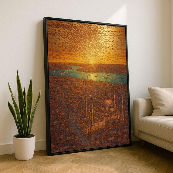 Golden Istanbul Cityscape Sunset Birds Mosque Panorama Poster