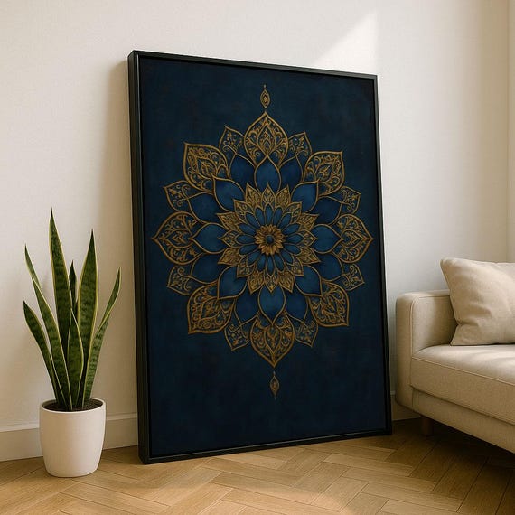 Royal Gold Blue Mandala Lotus Flower Navy Boho Zen Spiritual Art Print