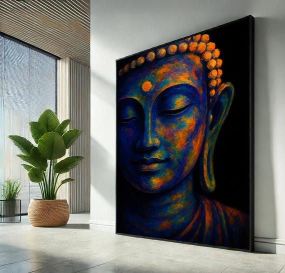 Neon Blue and Orange Buddha Face Colorful Modern Zen Meditation Poster