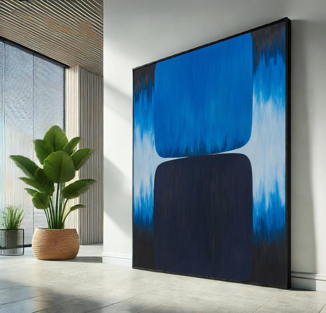 Deep Blue Black Stacked Color Blocks Modern Abstract Art Poster