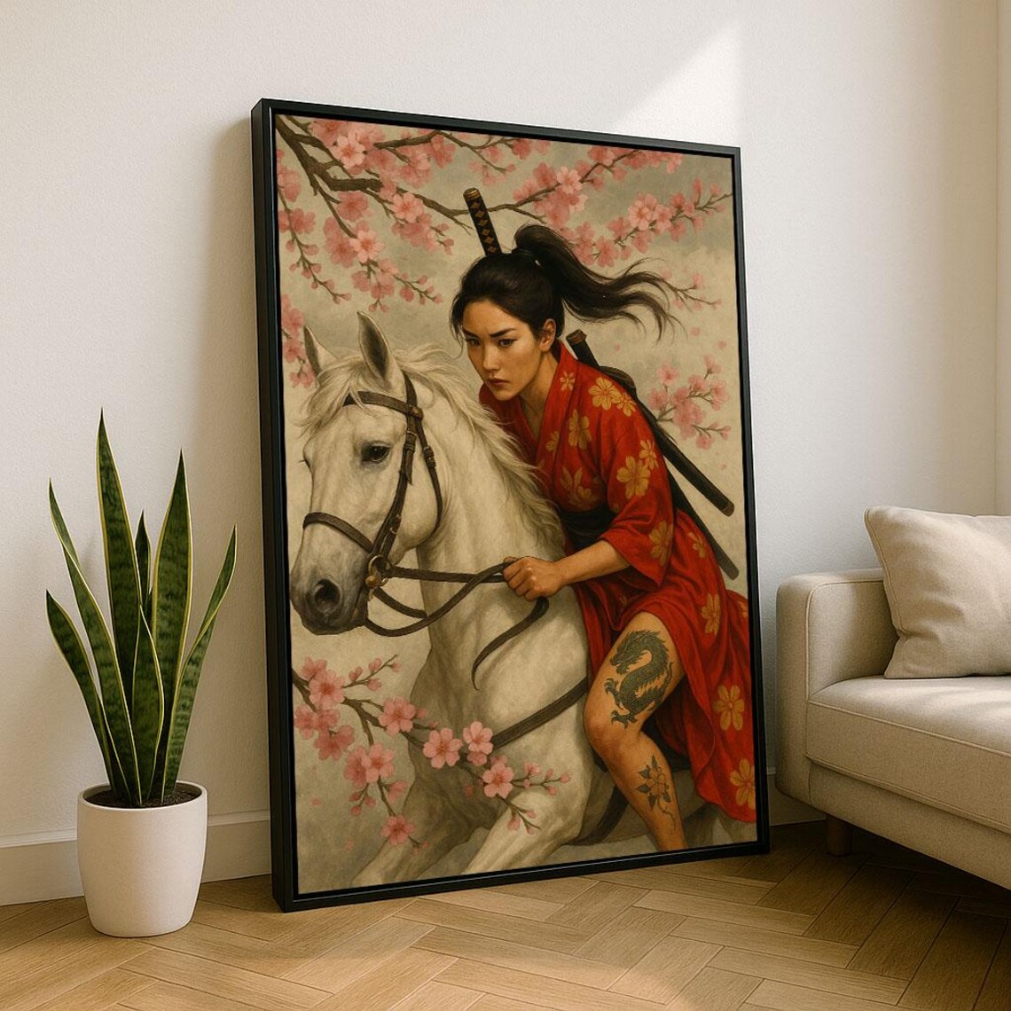 Samurai Woman on White Horse Cherry Blossom Katana Warrior Poster